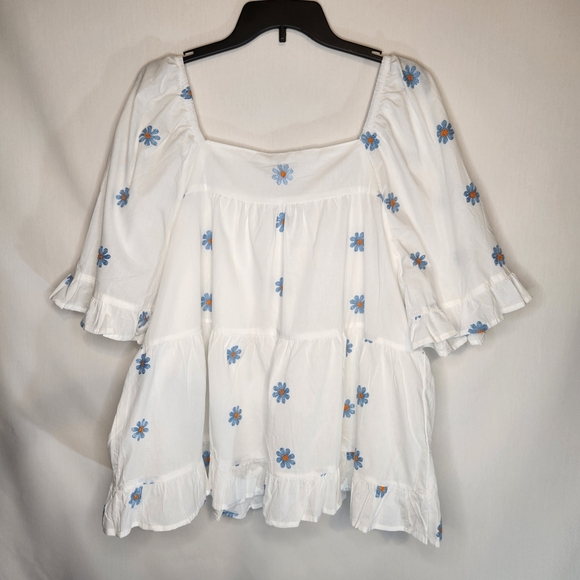 Hayden Los Angeles Chic White Tunic with Blue Floral Embroidered Pattern Tiered - Picture 2 of 7